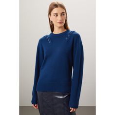 Blue knit (50% Polyester, 20% Acrylic, 20% Nylon, 10% Wool). Sweater. Long sleeves. Crewneck. Pull on. 25" from shoulder to hemline. Imported. Blue Workwear Sweater With Button Cuffs, Blue Sweater With Button Cuffs For Work, Blue Winter Tops With Button Cuffs, Winter Blue Tops With Button Cuffs, Navy Buttoned Tops For Fall, Blue Tops With Button Cuffs For Winter, Blue Crew Neck Sweater With Button Closure, Marissa Webb, Plaid Trousers