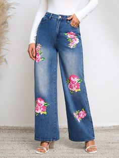 Women's Wide Leg Jeans With Flower Print Medium Wash    Denim Floral Wide Leg Non-Stretch  Women Clothing, size features are:Bust: ,Length: ,Sleeve Length: Flower Jeans, Painted Denim, Women Denim Jeans, Baggy Jeans, Wide Leg Jeans, Denim Women, Flower Prints, Women Clothing, Me Too Shoes