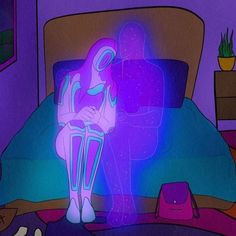 a person sitting on a bed in a room with purple and blue lighting behind them