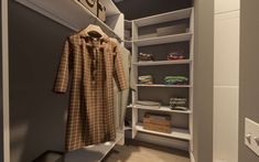 an open closet with clothes hanging on the shelves