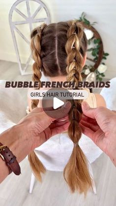 Mia Belle Girls on Instagram: "Bubble french braids 💁‍♀️✨ Who would try this hairstyle out? ⬇️ . #kidshairstyles #kidshair #kidshairstyle #kidsbraids #kidsbraidstyles #kidshairideas #girlshair #girlhairstyles #girlshairstyles #hairtutorial #braidtutorial #toddlerhairstyles #toddlergirl #cowgirlstyle" French Bubble Braid Pigtails, Inside Out Bubble Braid, Fun Bubble Braid Hairstyles, Bubble French Braids Tutorial, Different Bubble Braids, Loose Bubble Braid, Bubble French Braid Hairstyles, Girls Bubble Braid Pigtails, Cool Hairstyles Braids