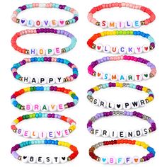 PRICES MAY VARY. 12 Styles: you will get 12 packs of girls bracelets in 12 different styles, they are decorated with English words, such as 'hope', 'love', 'courage' etc., sufficient quantities and various styles can meet your daily matching needs or sharing needs Quality Material: these bracelets are made of quality acrylic material, strong, reliable and safe, these ornaments on bracelets are smooth to touch, which will not cause a burden to people's wrists, not easy to break or fade, reusable Bracelets Letter Beads, Bracelets For Girls, Letter Bead Bracelets, Toddler Bracelet, Princess Theme Party, A Burden, Beads Bracelets, Letter Beads, Bracelets Handmade Beaded