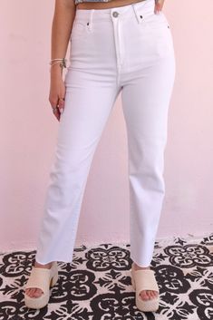 Hidden Denim Brand Stretchy White, thicker material so not see through RISE 11" | 29" INSEAM in size 3/26 HIGH RISE STRAIGHT FIT: Stretchy but runs a little on the smaller side, model is a size 2-4, wearing a 5 White Stretch Flare Jeans Casual Style, Casual White Stretch Flare Jeans, White Stretch Casual Flare Jeans, Mid-rise White Denim Flare Jeans, White High Waist Flare Jeans With Frayed Hem, White High Rise Jeans For Fall, White High-waist Flare Jeans With Frayed Hem, White Full-length Flare Jeans For Spring, White Flare Full Length Jeans For Spring