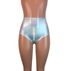 Our classic high waist hot pants with scrunch ruching detail in back to offer a "cheekier" look. These hot pants are made of stretchy opal holographic spandex and sit high on your natural waist. Wear as a bikini bathing suit bottom, panties, rave shorts, running shorts, etc. They have a built in liner and are made to be flattering to your figure. Iridescent Stretch Bottoms For Summer, Stretch High Waist Swimwear For Club, Stretch High Waist Club Swimwear, Stretch High-waist Swimwear For Club, Metallic Rave Bottoms For Summer, Summer Rave Metallic Bottoms, Fitted Shiny Shorts For Summer, Metallic Stretch Disco Shorts, High Waist Rave Bottoms For Club