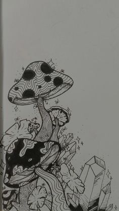 an ink drawing of two mushrooms on top of each other in the middle of a field