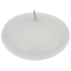 a white candle that is sitting in the middle of a round object with a stick sticking out of it