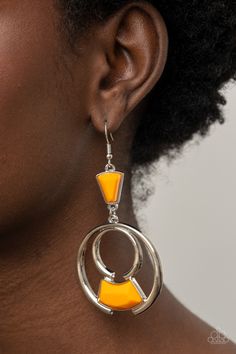 Bold silver circles create an eye-catching frame for a vibrant Marigold faceted bead. The trendy pendant sways from a Marigold triangular bead anchor for an embellished finish. Earring attaches to a standard fishhook fitting.

 Sold as one pair of earrings. Paparazzi Jewelry Images, Colorful Frames, Pink Peacock, Black Gems, Orange Earrings, Paparazzi Accessories, White Rhinestone, Paparazzi Jewelry, Earring Sale