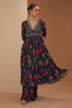 Blue anarkali with intricate pleated flare, all over multi color floral, stripe print and placement metallic gota patti embroidery. Paired with printed flared palazzo. - Aza Fashions Gota Patti Embroidery, Blue Anarkali, Flared Palazzo, Embroidered Anarkali, Palazzo Set, Floral Stripe, Set For Women, Anarkali, Aza Fashion