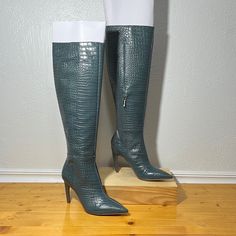 Nwot Pointy Toe Leather Construction Allover Crocodile Embossed Detail Pull-On Style With Inside Partial Zip 16.5" Shaft Height, 14" Top Circumference + Elastic Gore Inset 4" Heel Green Fitted Boots For Formal Occasions, Formal Green Fitted Boots, Formal Fitted Green Boots, Fitted Crocodile Pattern Boots For Fall, Formal Fitted Boots With Crocodile Pattern, Luxury Fitted Crocodile Pattern Boots, Luxury Crocodile Pattern Boots, Fitted Crocodile Pattern Pointed Toe Boots, Fitted Crocodile Pattern Boots With Pointed Toe