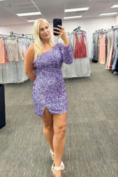 One Shoulder Lavender Tight Hoco Dress Long Sleeve Sequin Dress For Homecoming Party, Purple Sequin Dress For Homecoming Party, Glamorous One Shoulder Dress With Asymmetrical Neckline For Homecoming, Embellished Fitted One-shoulder Dress For Party Season, Embellished Fitted One Shoulder Dress For Party Season, Purple One-shoulder Cocktail Dress, One-shoulder Dress For Homecoming And Prom, One-shoulder Embellished Sequin Dress For Prom, One-shoulder Dress For Homecoming And Prom Season