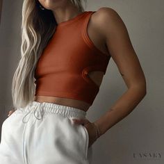 Lasaky - Womens Sleeveless Hollow Out Crop Top for Sports Activities Sleeveless T Shirts Women, Socialite Style, Estilo Hipster, Orange Tops, Loose Tank, Loose Tank Tops, Teen Outfits, Vacay Outfits, Wardrobe Clothes