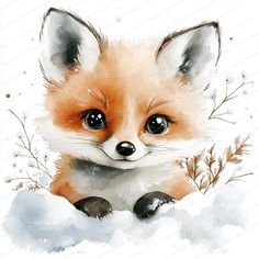 a watercolor painting of a baby fox in the snow with its eyes wide open