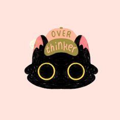 a black cat with glasses and a hat on it's head that says over thinker