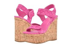 GUESS Cataline - Women's Sandals : Pink Suede : Adorn your warm-weather look with the timeless style of the GUESS Cataline sandals. Suede upper with woven details. Soft synthetic lining. Adjustable hook-and-loop closure on the ankle strap. Open square toe silhouette. Slingback strap ensures added support. Brand name detailing on the footbed. Cork-wrapped high wedge heel. Durable synthetic outsole. Imported. Measurements: Heel Height: 4 11 12 in Weight: 1 oz Platform Height: 2 0 1 in Product meas Pink Wedge Sandals, Birkenstock Styles, Bling Shoes, Diy Handbag, Platform Wedge Sandals, Pink Suede, Platform Wedge, Sneaker Brands, Wedge Sandal