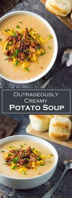 two bowls filled with creamy potato soup on top of a table