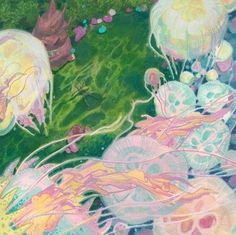 a painting of jellyfish and other sea creatures in an ocean scene with algaes