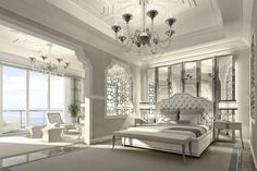 a white bedroom with chandelier and large windows overlooking the ocean is pictured in this artist's rendering