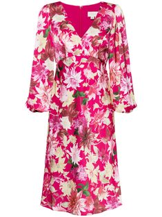 deep pink V-neck all-over floral print long sleeves concealed rear hook and zip fastening flared hem Sachin Babi, Floral Print Fabric, Wardrobe Edit, Deep Pink, Exclusive Fashion, Dress Pink, Knee Length Dress, Print Fabric, Floral Print Dress