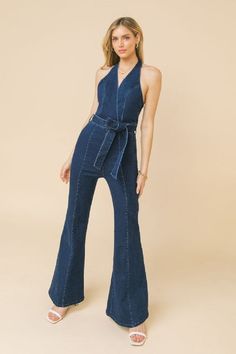 Halter neckline denim jumpsuit Brand: Flying Tomato Style: JP5871 Fabric: Self: 75% Cotton 23% Polyester 2% Spandex Details: A denim jumpsuit featuring halter neckline, self tie, wide leg and back zipper closure Summer Wardrobe Staples, Comfort Fashion, Vegas Outfit, Halter Jumpsuit, Flying Tomato, Denim Jumpsuit, Pretty Makeup, Halter Neckline, Dark Denim