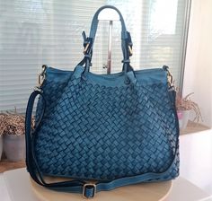 "Soft Teal Blue Woven Italian Leather Tote Bag, Customizable, Italain Woven Italian Handbag, Slouchy Bag, Handmade Woven Leather Purse, Elow, comes in two versions: LARGE: W 15\" x H 11.4\" x D 7.1\" & SMALL: W 13\" x H 10\" x D 6\". Handle drop: 4\" The bag has made in distressed soft cowhide and distressed brass hardware We offer a free customization for monogramming Inside: Two compartments inside with central divider/ zippered pocket Interior fully lined with cotton fabric One zippered pocke Italian Leather Purse, Woven Leather Tote, Italian Leather Handbags, Woven Leather Bag, Slouchy Bag, Leather Tote Bag Women, Handbag Leather, Black Leather Purse, Black Leather Tote