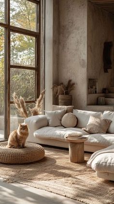 an orange cat sitting on top of a white couch in front of a large window