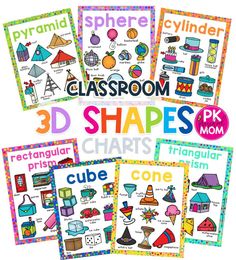 four classroom posters with different types of shapes and numbers for children to use in the classroom