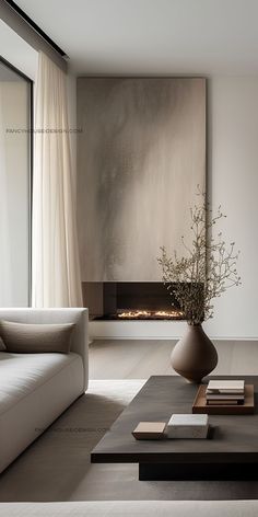 a living room with a couch, coffee table and fire place in front of a large window