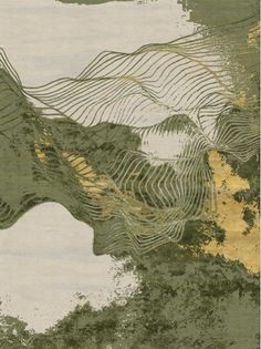 an abstract painting with green and gold colors on white paper, including wavy lines in the background