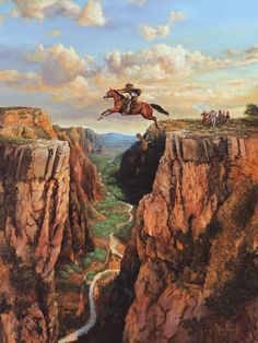 a painting of a man riding a horse over a canyon