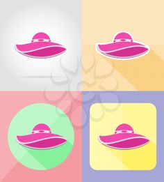 four hats with different colors and shapes on the same color background, each one has a sun visor