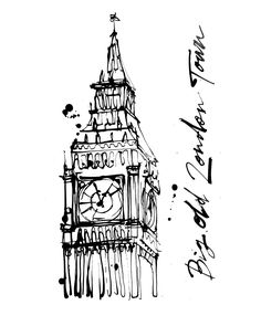 a black and white drawing of a clock tower with writing on the bottom half of it