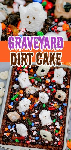 graveyard dirt cake with marshmallows and halloween candies