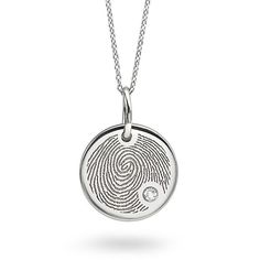 Our Fingerprint engraved necklace features a dazzling flush set diamond. The pendant measures 15mm in diameter and is in luxurious 9ct White Gold. We include a 16 - 18 inch adjustable chain--presented in our branded Serendipity Diamonds presentation box. Each pendant has a 2mm (0.03cts) flush set diamond graded G-H colour and SI clarity. We can engrave on the reverse diamond with an additional date or wording of your choice. Just contact us for more help on this or any of our designs. We will se Engraved Sterling Silver Necklace In Diamond White, Engraved Diamond White Pendant Necklace, Engraved Diamond White Necklace For Gift, Diamond White Engraved Necklace Gift, Diamond White Engraved Pendant Necklace, Engraved Silver Diamond Pendant Necklace, Etched Necklaces For Anniversary, Etched Necklace For Anniversary, Etched Round Necklace For Anniversary