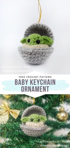 a crocheted ornament that looks like baby yoda is hanging from the tree