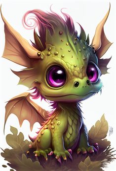 a little green dragon with purple eyes sitting on top of some grass and leaves in front of the camera