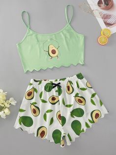 Multicolor  Collar Sleeveless  Cartoon,Fruit&Vegetable Short Sets Embellished Slight Stretch All Women Sleep & Lounge Cute Avocado, Easy Trendy Outfits, Crop Top And Shorts