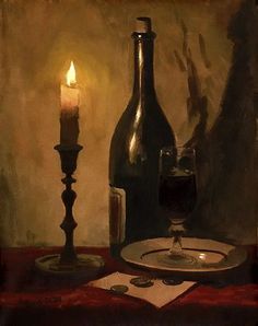 a painting of a candle and wine bottle on a table