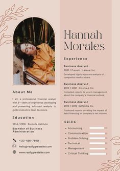 a pink and black resume with an image of a woman on the front, in floral design