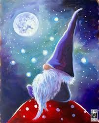 an acrylic painting of a gnome looking at the moon