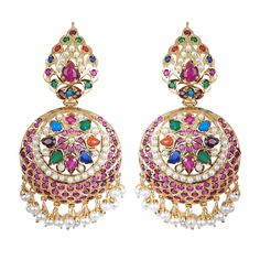 Featuring a pair of navrattan earrings in gold plated 92.5 silver. The setting stones are a mix of real and synthetic color stones. The hanging beads are freshwater pearls. Weight - 30 GMs Height - 7 cm Width- 3.5 cm Bollywood Style Earrings With Latkans For Designer Wear, Designer Chandbali Earrings For Festive Occasions, Designer Chandbali Earrings With Latkans, Designer Chandbali Earrings For Diwali, Traditional Designer Chandbalis, Festive Designer Earrings With Latkans, Traditional Multi-stone Chandbali Jewelry, Traditional Designer Earrings For Diwali, Traditional Festive Designer Earrings