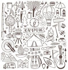 an image of camping related items drawn in black and white with the words camping on it