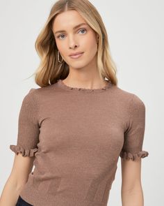 Feminine Brown Tops For Fall, Fitted Ruffle Knit Top With Short Sleeves, Fitted Knit Top With Ruffles And Short Sleeves, Feminine Short Sleeve Knit Top For Fall, Elegant Brown Crew Neck Top, Gold Short Sleeve Tops For Fall, Chic Gold Short Sleeve Top, Brown Short Sleeve Knit Top For Fall, Brown Ruffled Top With Short Sleeves