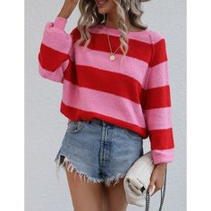 Red Striped Print Knitted Oversized Sweater Knitted Oversized Sweater, Oversized Sweater Women, Women Office, Oversized Knitted Sweaters, Loose Sweater, Sweater Pullover, Sweater Women, Sweater Design, Office Lady