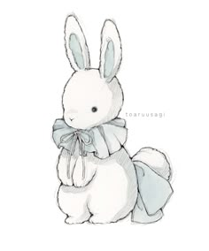 a drawing of a white rabbit with a blue ribbon around its neck sitting down and looking at the camera