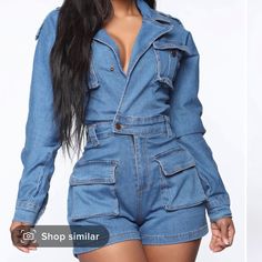 Brand New With Tags Size Small Fashion Nova Denim Jumper Utility Blue Denim Jumpsuit For Spring, Blue Utility Denim Jumpsuit For Spring, Blue Utility Jumpsuits And Rompers For Spring, Blue Jean Jumpsuit Outfits, Denim Romper Outfit, Jean Outfit, Denim Outfits, Denim Jumper, Denim Romper