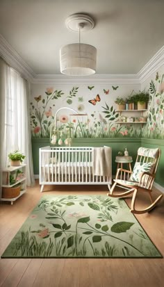 a baby's room decorated in green and white with butterflies on the wall, rocking chair