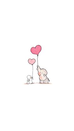 an elephant holding two heart shaped balloons in the air with a small dog standing next to it