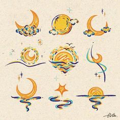 an artistic drawing of the moon, stars and clouds in different colors on white paper