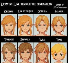 an anime character's hair styles and their expressions are shown in different ways, including blonde