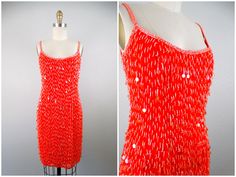 "An absolutely breathtaking color! This beauty is fully embellished with neon red sequins and is in perfect condition! Measurements: Bust - 32\" Waist - 26\" Hips - 36\" Length - 35\" This amazing dress comes from a pet-free and smoke-free home. If you would like more info or have any questions, please ask!" Red Beaded Summer Dresses, Red Fitted Sequin Summer Dress, Fitted Red Sequin Summer Dress, Fitted Red Sequin Dress For Summer, Red Fitted Sequin Dress For Festive Occasions, Fitted Red Sequin Dress For Festive Occasions, Red Embellished Sequin Cocktail Dress, Red Embellished Sequin Dress For Cocktail, Embellished Mini Dress